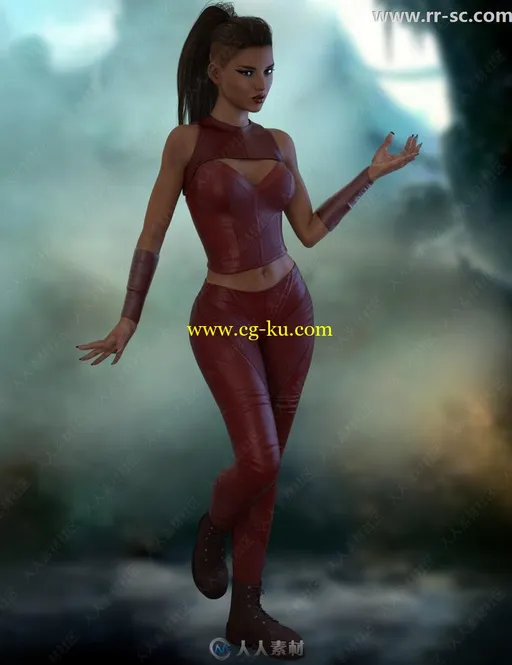 干练女性短靴皮质紧身衣裤套装3D模型的图片3
