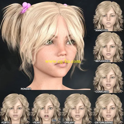 30组女孩微笑沉思恐惧迷茫表情3D模型的图片3