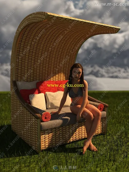 半圆形编织材质遮阳椅子圆枕靠背3D模型的图片1