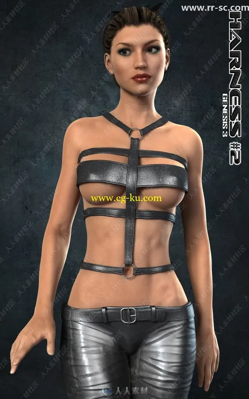 4种颜色皮质绑带性感暴露女性上衣3D模型的图片2