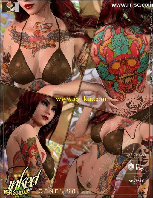性感女性身体各部位彩色纹身3D模型的图片1