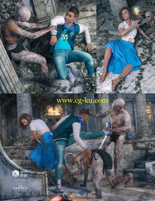 科幻丧尸追赶拉扯人类恐惧姿势动作3D模型的图片1