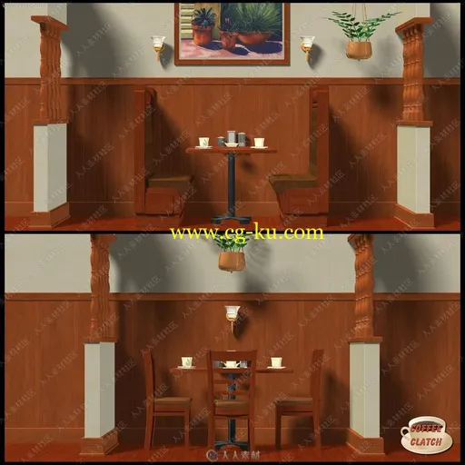 简单复古咖啡厅座位沙发设施3D模型的图片2
