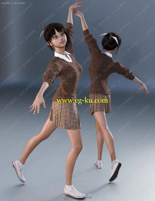 六组颜色学生毛衣衬衫百褶裙套装鞋子3D模型的图片2