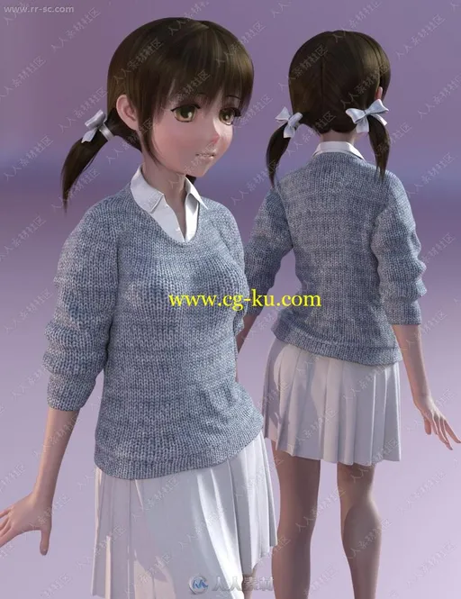 六组颜色学生毛衣衬衫百褶裙套装鞋子3D模型的图片3