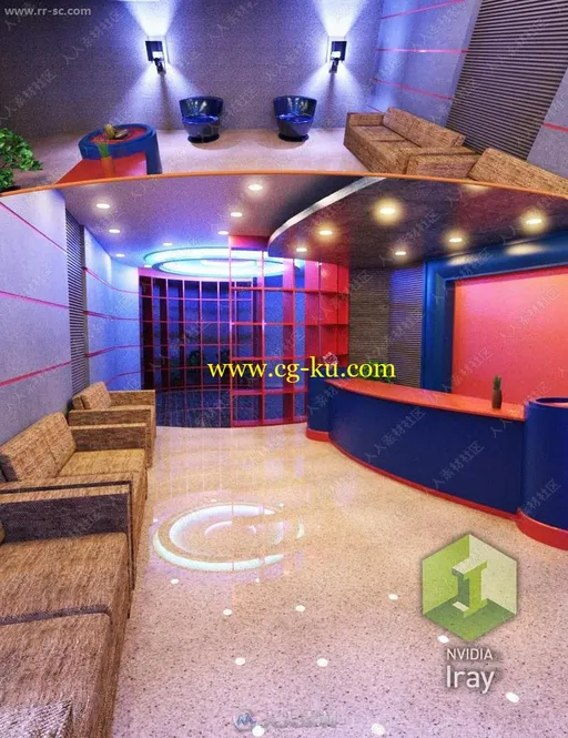 现代酒店前厅接待吧台沙发设施布局3D模型的图片1