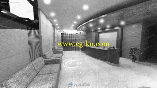 现代酒店前厅接待吧台沙发设施布局3D模型的图片2