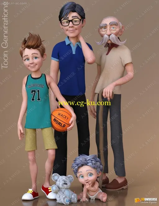 多组瞳孔皮肤颜色婴儿到老龄卡通男性人物形象3D模型的图片1