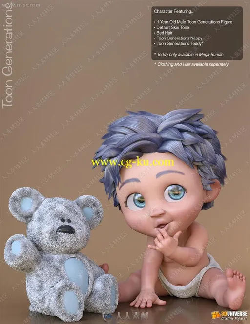 多组瞳孔皮肤颜色婴儿到老龄卡通男性人物形象3D模型的图片2