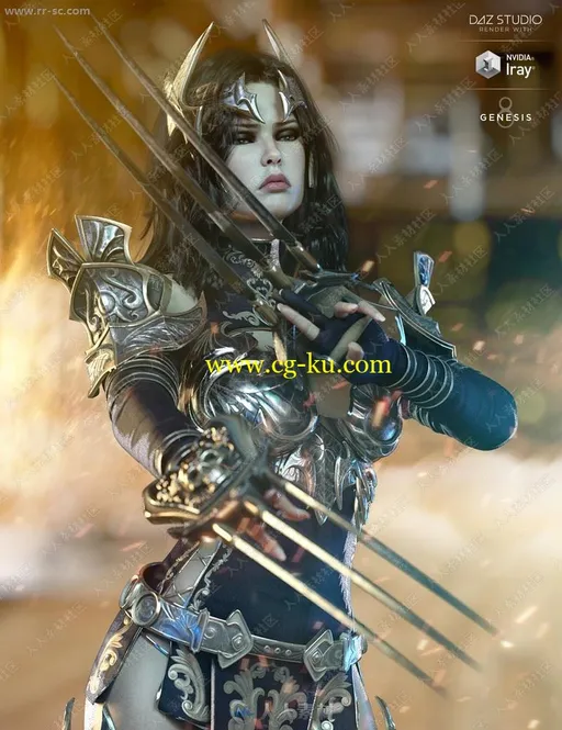 奇幻女战士多套不同颜色铠甲锋利武器3D模型的图片1