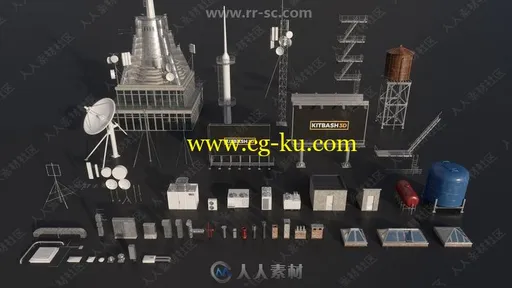 城市屋顶天际线天线广告牌水塔卫星天线等3D模型合集的图片1