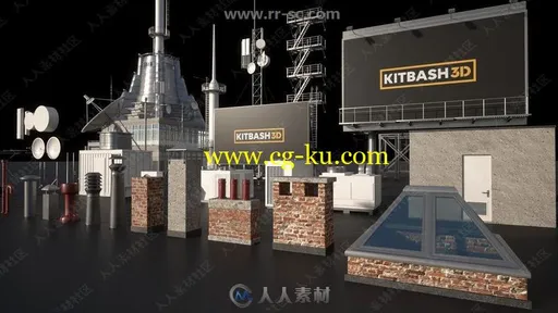 城市屋顶天际线天线广告牌水塔卫星天线等3D模型合集的图片2