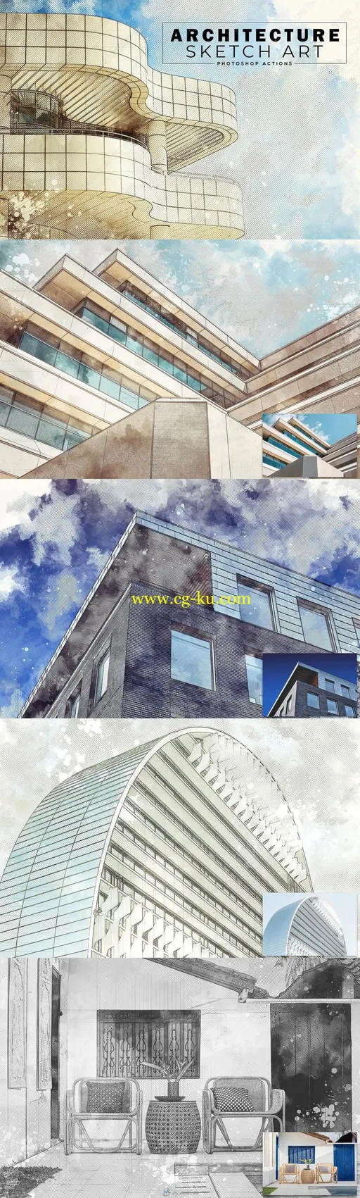 专业建筑形象室内外彩色素描艺术特效PS动作的图片1