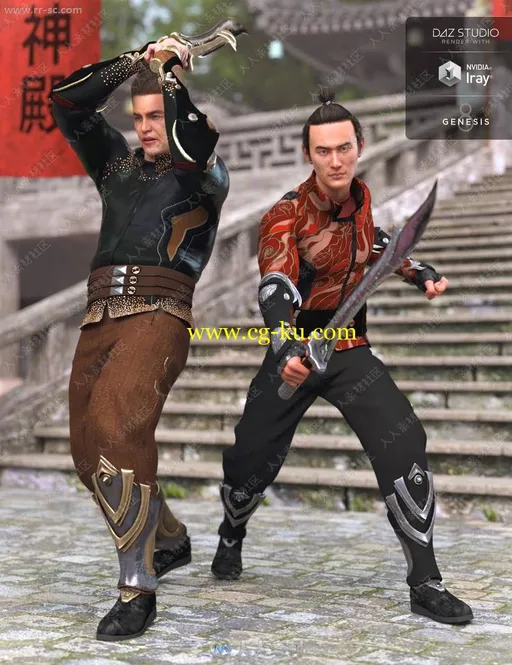 细致不同花色纹理东方男式战斗套装长刀3D模型的图片1