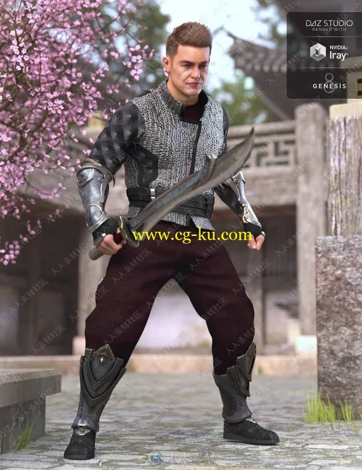 细致不同花色纹理东方男式战斗套装长刀3D模型的图片2