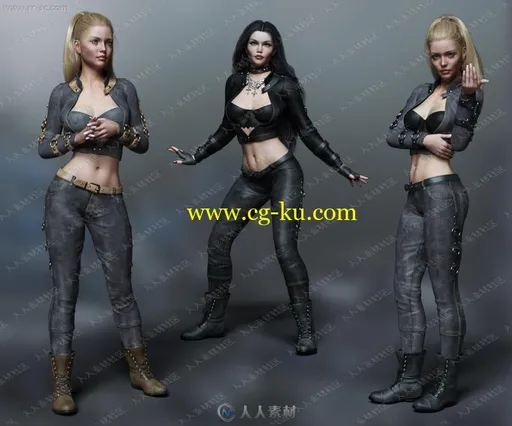 酷帅美丽特工女孩夹克短裤长裤服装枪支3D模型的图片3