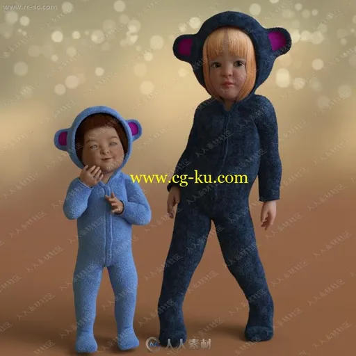 不同颜色婴幼儿可爱耳朵皮毛连体装3D模型的图片2