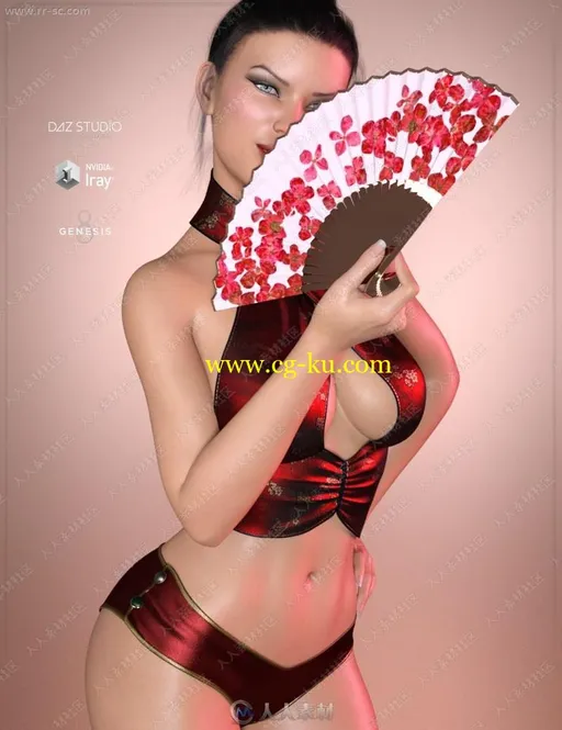 多组东方风情折扇印花性感女孩姿势动作3D模型的图片3