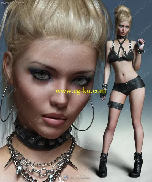 金发碧眼美丽雀斑女人妆容造型3D模型的图片3