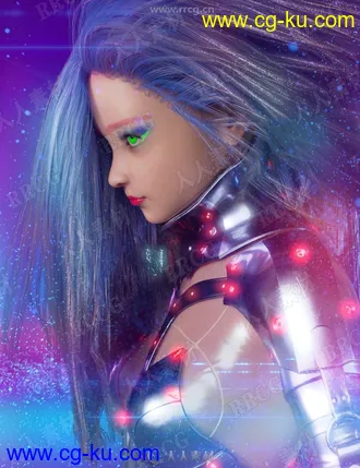 科幻夸张霓虹灯效果背景美女3D模型合集的图片1