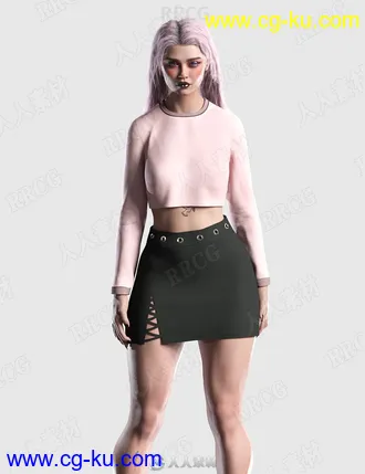 女性休闲分体开小叉裙摆包臀裙服饰套装3D模型合集的图片2