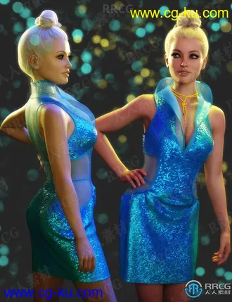 女性砍袖立领酷炫连衣裙服饰套装3D模型合集的图片1