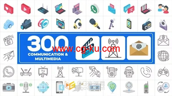 300个通信与多媒体主题图标元素包-AE模板的图片1