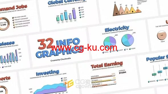 32个信息图表场景含饼图水平垂直比较图填充线图等多种类型-AE模板的图片1