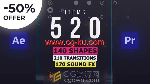 AE与PR脚本形状元素动画预设库140个MG动画210种转场170种音效的图片1