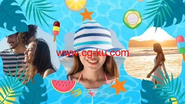 灿烂夏天海滩游泳池假期旅游介绍卡通视频宣传-AE模板的图片1