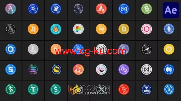 AE模板-40 Cryptocurrencies 旋转3D加密货币动画图标的图片1