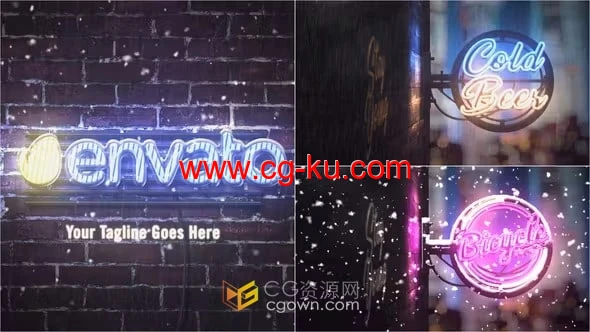 满屏雪花飞絮/闪电雨滴掉落场景夜店酒吧霓虹灯标志-AE模板的图片1
