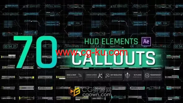 70个高科技HUD元素标注引用文本数字标题动画-AE模板的图片1