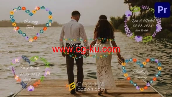 5种设计花元素婚礼文字标题动画PR模板的图片1