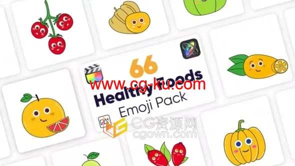 FCPX插件66个卡通瓜果蔬菜水果美食表情动画Healthy Food Emoji Pack的图片1