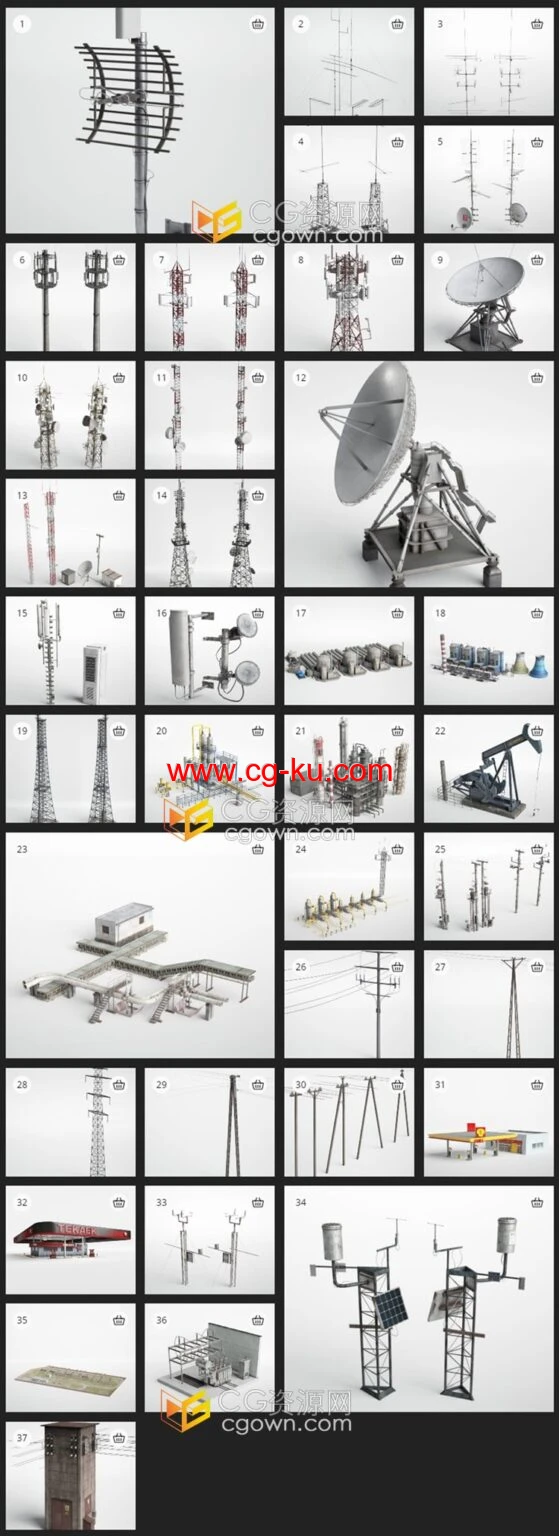 3D模型37个工业道具和建筑元素天线发电站加油站能源杆模型的图片1