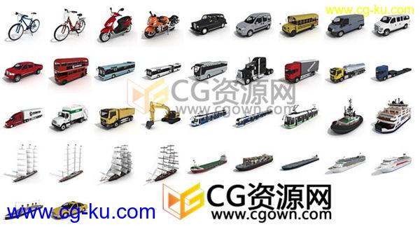 38种三维C4D交通工具模型包 自行车载货公交高铁火车车帆船游艇挖掘机汽车的图片1