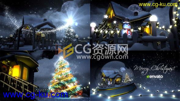 庆祝圣诞节三维场景片头动画魔法雪球房子圣诞树灯光 AE模板的图片1