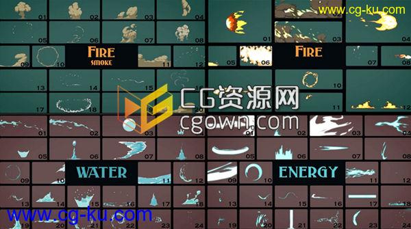 200个2D动漫卡通特效FX动画二维风格水火烟雾元素视频素材的图片1