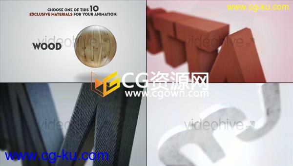 10种纹理E3D文字LOGO动画大理石黄金皮革生锈赤陶土木材-AE模板下载的图片1