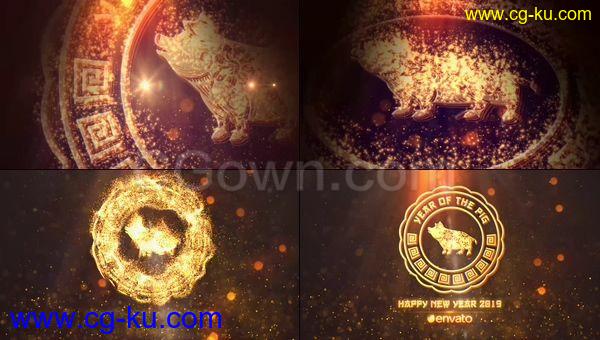 2019年春节黄金粒子金猪贺岁过年祝福片头-AE模板下载的图片1
