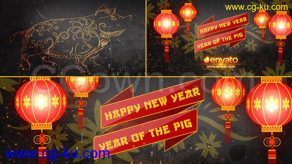 2019新年片头黄金粒子散落金猪贺岁元宵灯笼过年祝福视频-AE模板下载的图片1