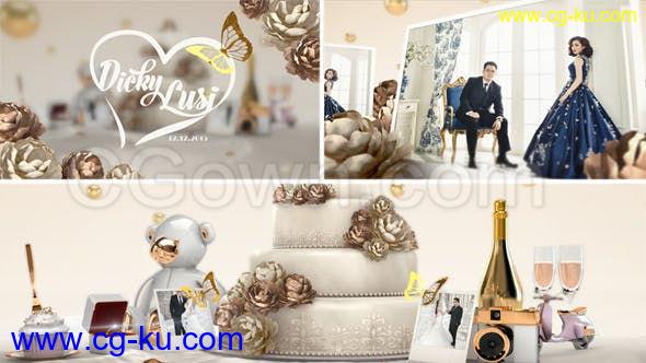 3D美丽鲜花蝴蝶蛋糕滑板车等场景元素展示婚礼视频相册包装-AE模板的图片1