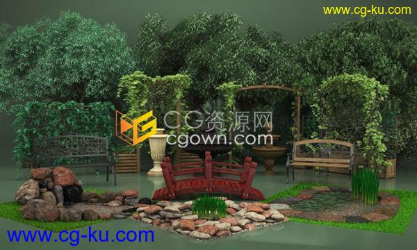 59个高精度喷泉雕塑休闲花园绿植椅子元素模型文件MAX/C4D/FBX/OBJ格式下载的图片1