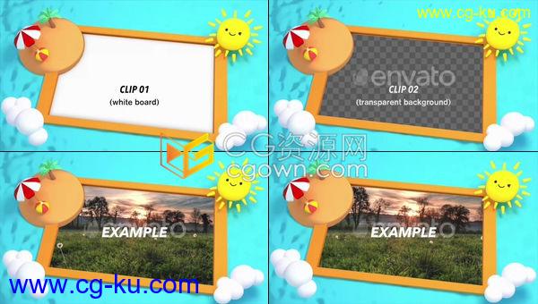 微笑太阳海浪阳伞椰树云朵可爱3D卡通元素制作动态相框效果视频素材下载的图片1