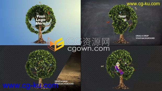 4K旋转地球树彩蝶飞舞揭示绿色环保标志LOGO片头-AE模板下载的图片1
