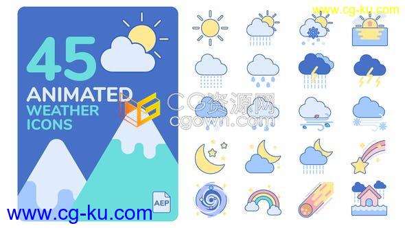 45种天气预报形象Icons图标动画设计下雨雪太阳云气候效果元素-AE模板下载的图片1