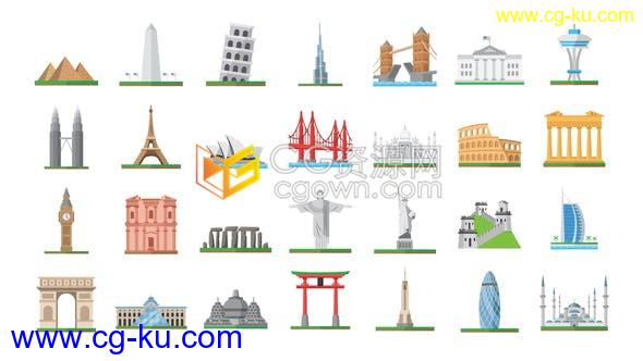 100个世界地标图标世界著名城市图标旅行公司酒店宣传图标元素免费下载-AE模板的图片1