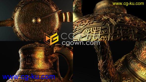 4K分辨率古代黄金纹理图案细节水壶包括4种不同角度动画-视频素材下载的图片1