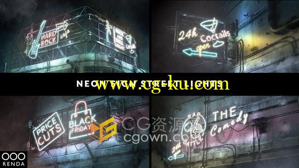 城市夜晚工业复古风俱乐部墙体发光霓虹灯招牌-AE模板的图片1